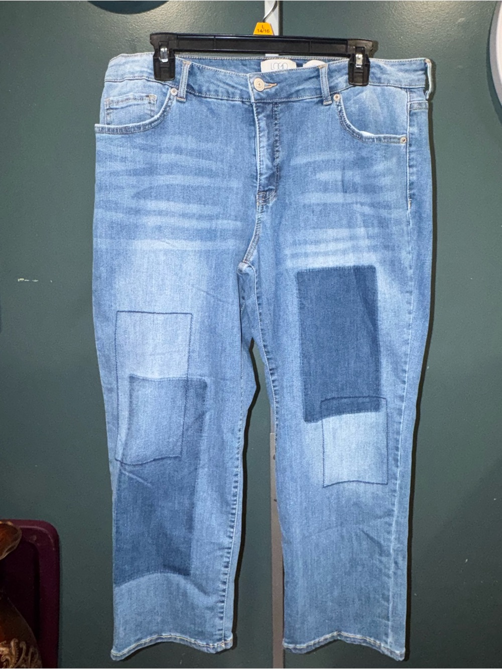LOGO by Lori Goldstein Light Blue Patchwork Straight Jeans